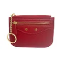 Compact red pebbled leather wallet with dual gold zippers and keychain for women - Red