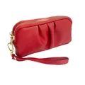 Red pleated pebble leather wristlet wallet with dual golden zippers and wrist strap - Red