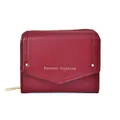 Short minimalist wine red leather wallet with litchi texture and gold buckle - Red