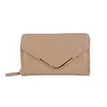 Beige minimalist envelope wallet with gold V-trim metal accents and side zipper closure - Milk Tea