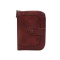 Cartera retro para mujer en cuero burdeos con cremallera y detalles de troquelado fino - Burdeos