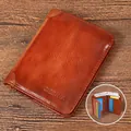 Short brown genuine leather men's wallet with multiple card slots and vintage finish - Genuine Leather Tri-fold / Brown