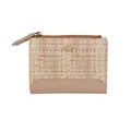 Kleine geweven damesportemonnee in beige leer met rits en Forever Sunshine logo - Abrikoos