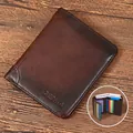 Slim dark brown vintage leather men's wallet with multi-card slots and embossed logo - Genuine Leather Tri-fold / Coffee