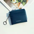 Dark blue pebbled leather zipper card holder wallet with silver key ring and multi slots - Blue