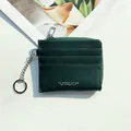 Dark green lychee pattern faux leather card holder wallet with silver key ring chain - Dark Green