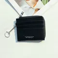 Black lychee texture card holder wallet with multiple slots and silver keychain - Black