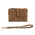 Premium matte earth brown short wallet for women featuring golden hardware and wrist strap - Brown