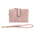 Elegant frosted pink short wallet for women featuring a snap closure and matching wrist strap - Pink