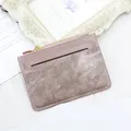 Slim rose pink leather card holder with zipper pocket and front slot for students - Lotus root pink