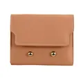 Brown faux leather trifold wallet with studs and gold-tone metal balls on white background - Pink