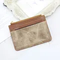 Slim brown faux leather and denim card holder with top zipper and multiple slots - Brown