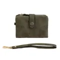 Deep olive green frosted short wallet for women with double zipper and wrist strap - Matcha Green