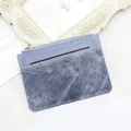 Slim light blue leather card holder wallet with denim texture and gold zipper detail - Blue