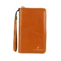 Brown leather RFID passport wallet with gold airplane logo and secure wrist strap - Brown