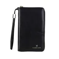 Sleek black RFID passport wallet with gold zipper and wrist strap in faux leather - Black