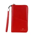 Red RFID blocking passport wallet with leather texture and handy wrist strap - Red