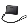 Cartera pequeña de cuero negro con cremallera y correa de muñeca para mujer elegante - Negro