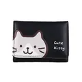 Black tri-fold faux leather short wallet with a cute cat print and snap closure - Black