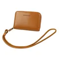 Tan brown pebbled leather wallet with zipper and long woven lanyard strap - Brown
