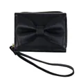 Short black trifold wallet with a decorative bow and wrist strap for women - Black