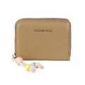 Khaki pebbled leather mini wallet featuring colorful beaded tassel and classic star logo - Khaki
