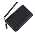 Black long wallet with lychee leather texture and detachable wristlet strap - Black
