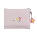 Short pink trifold wallet with floral print, white wave patterns and a flower charm - Light Pink