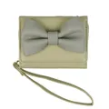 Short tri-fold light green PU leather wallet for women with a grey bow and wrist strap - Green