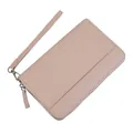 Pink pebbled leather accordion wallet with wristlet strap and smooth silver zipper - Light Pink
