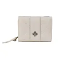 Beige faux leather clover wallet with pebble texture and diamond-encrusted floral detail - White