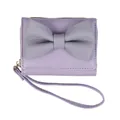 Short lavender purple tri-fold wallet for women with large grey bow and wrist strap - Purple