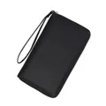 Black litchi grain long passport wallet with zipper closure and matching wrist strap - Black