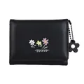 Floral black tri-fold PU leather wallet with small flower print and cute flower charm - Black