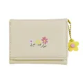 Floral print tri-fold wallet for women in cream PU leather with cute flower pendant - Milky Yellow