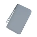 Long zip-around passport wallet in grey-blue litchi grain leather with wrist strap - Gray Blue