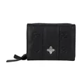 Women's black trifold wallet with pebble leather texture and rhinestone clover clasp - Black