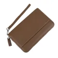 Dark brown long pebble grain accordion wallet with wristlet strap and zipper closure - Coffee