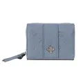 Women's trifold wallet in misty blue pebble leather with clover embossing and hardware - Denim Blue