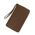 Brown litchi grain leather passport wallet with wristlet strap and silver zipper - Coffee