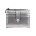 Short silver bifold wallet with metallic cracked leather texture and buckle strap - Silver