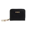 Minimalist black leather coin purse featuring yellow bear patterns and wrist strap - Black
