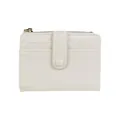 Creamy white short bifold wallet in textured faux leather with snap button closure - White