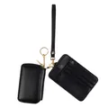 Minimalist black leather ID card holder and zipper coin pouch with gold hardware - Black