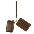Brown faux leather key pouch and card holder set with golden hardware and wrist strap - Coffee