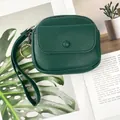 Dark green mini coin purse in lychee texture leather with wrist strap and keychain - Dark Green