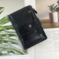 Petit portefeuille vintage en cuir ciré noir pour femme avec bouton pression métal - Noir