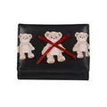 Black compact tri-fold wallet featuring three brown cartoon bears and a 3D red ribbon bow - Black
