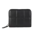 Minimalist black quilted square leather card wallet with silver zipper and grid pattern - Black
