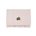 Short pink tri-fold leather wallet with floral print and gold flower buckle on white background - Light Pink